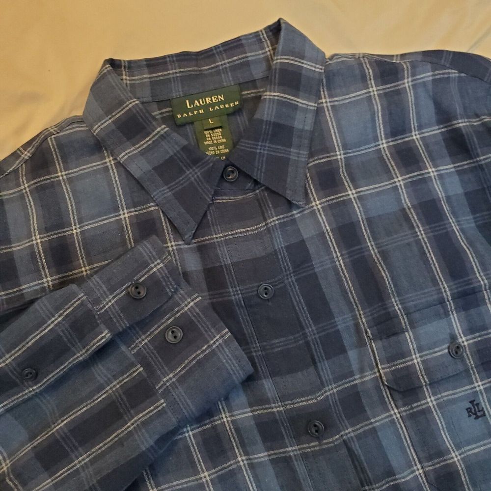 Lauren Ralph Lauren 100% Linen‎ Blue Plaid Long Sleeve Button Down Size L